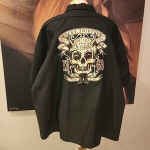 Lucky 13 Red Kap Mechanic Skull Goth Tattoo Skull Men's 5X Black Button Shirt